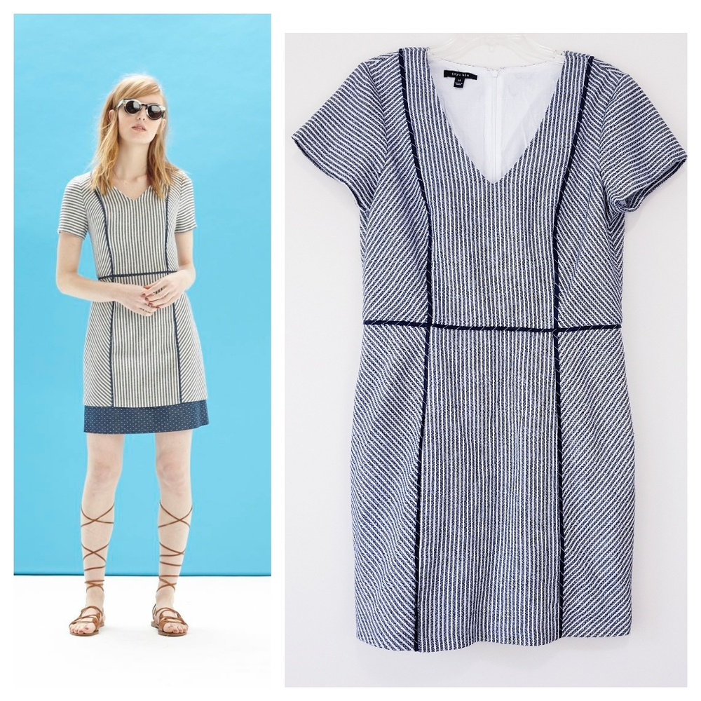 Ivy + Blu White Blue Nautical Stripe Sheath Dress Mixed Material Textured XL 14